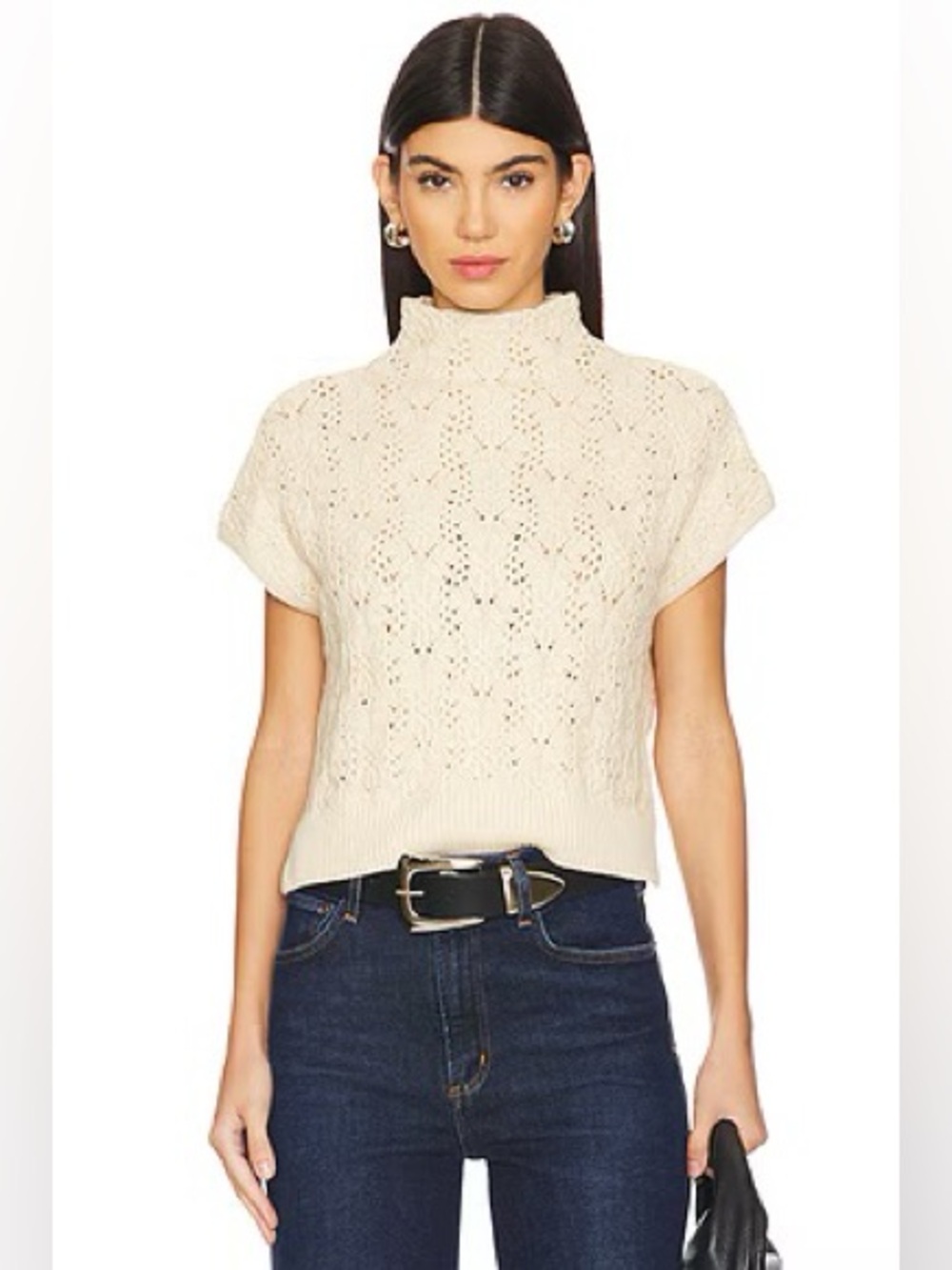 Free People Cream Vicki Mock Neck Knit Short Sleeve Sweater